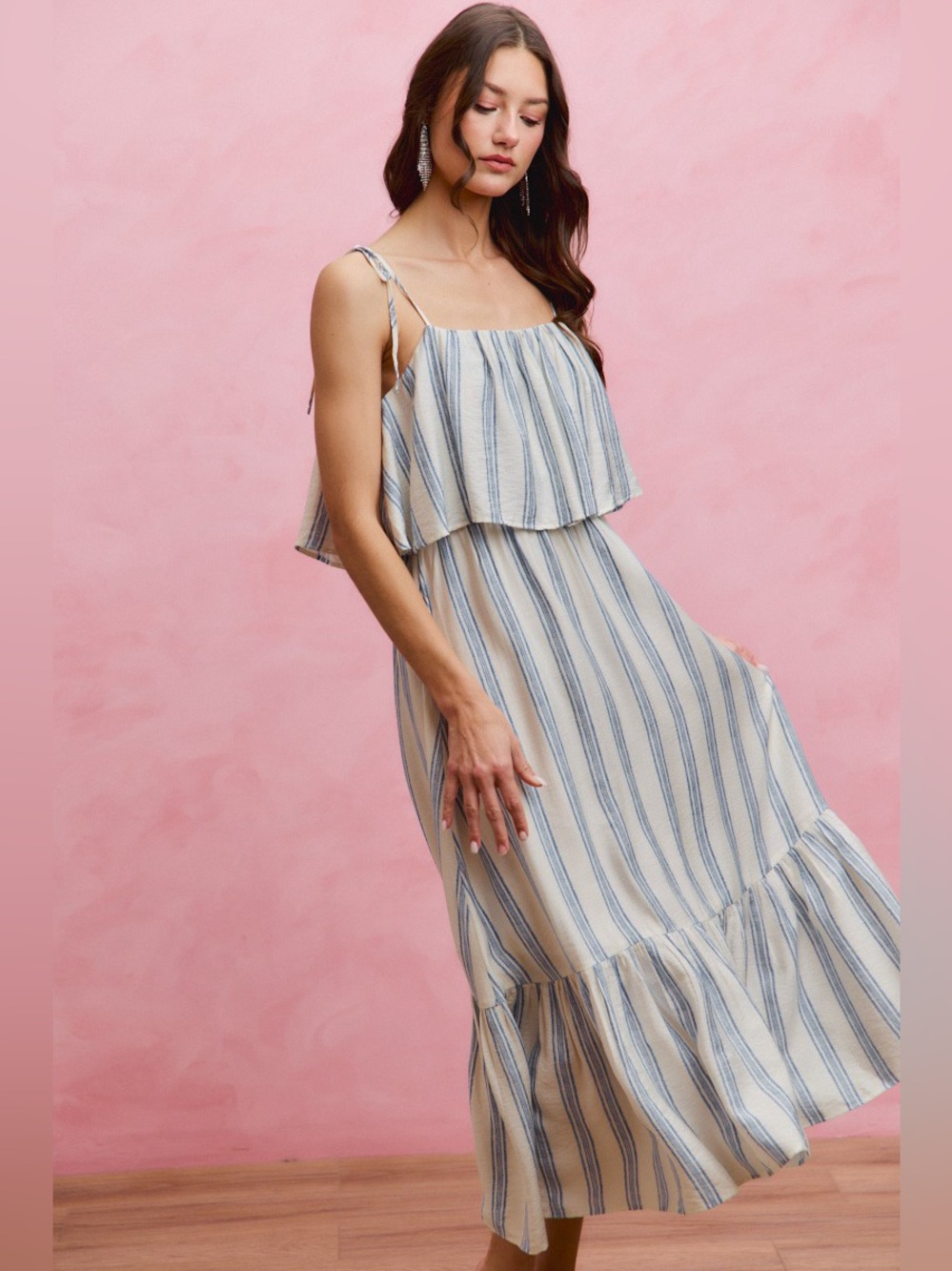 SO ME Stripe Tiered Shoulder Tie Midi Lined Dress - Picture 8 of 15